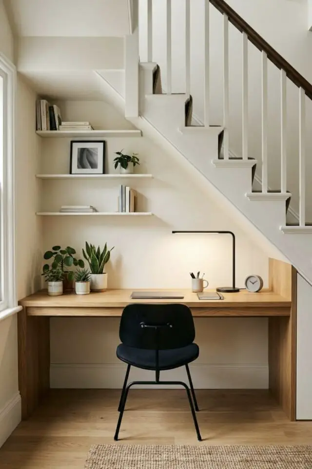 idée bureau en bois sous escalier aménagement simple et pratique surplombé d'étagères murales blanches idée bureau en bois sous escalier aménagement simple et pratique surplombé d'étagères murales blanches