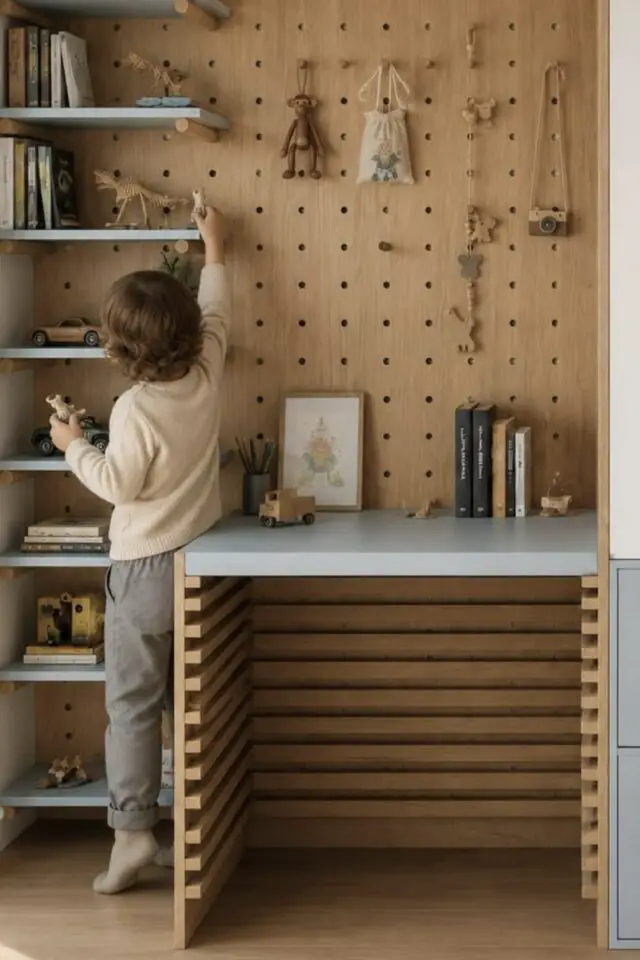 aménager espace sous les escaliers bureau Solution sur-mesure pegboard en bois espace de travail et étagères murales petit espace pratique aménager espace sous les escaliers bureau Solution sur-mesure pegboard en bois espace de travail et étagères murales petit espace pratique