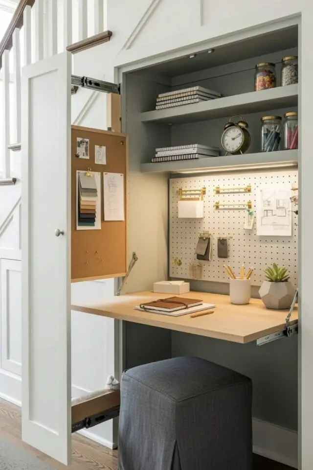 Meuble bureau sous escalier avec porte coulissante rangement caché étagères murale pegboard Meuble bureau sous escalier avec porte coulissante rangement caché étagères murale pegboard