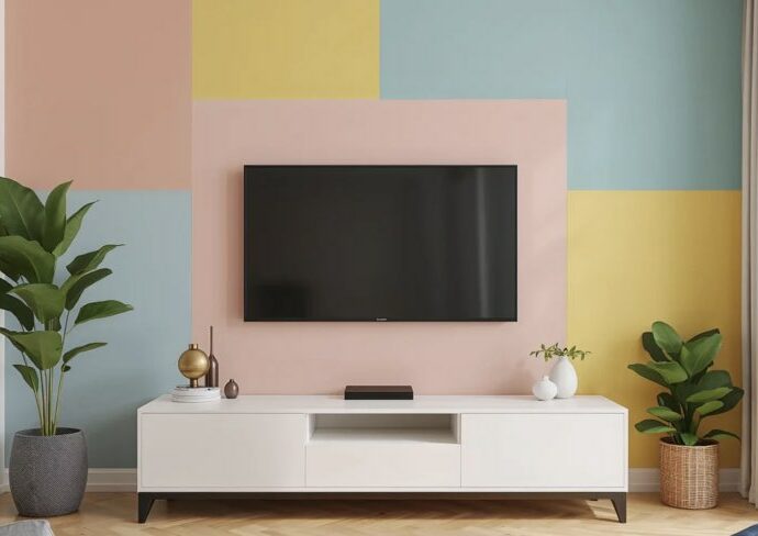 idée couleur mur télé décoration salon peinture papier peint color bloc