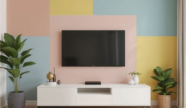idée couleur mur télé décoration salon peinture papier peint color bloc