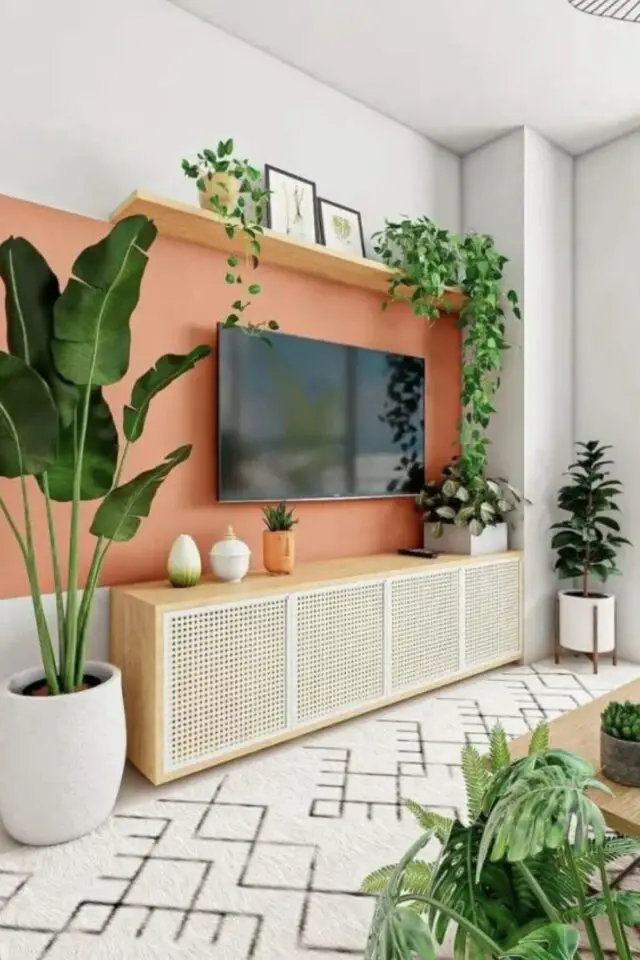 décoration mur salon télévision murale peinture facile bande peinture effet soubassement délimité avec meuble TV et étagère bois plante verte couleur corail 