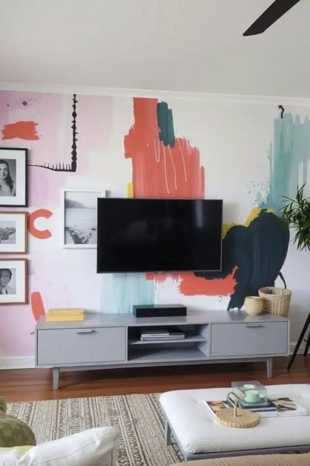 papier peint salon coloré mur tv motif abstrait tâche de couleur meuble télévision gris décoration contemporaine et artistique 