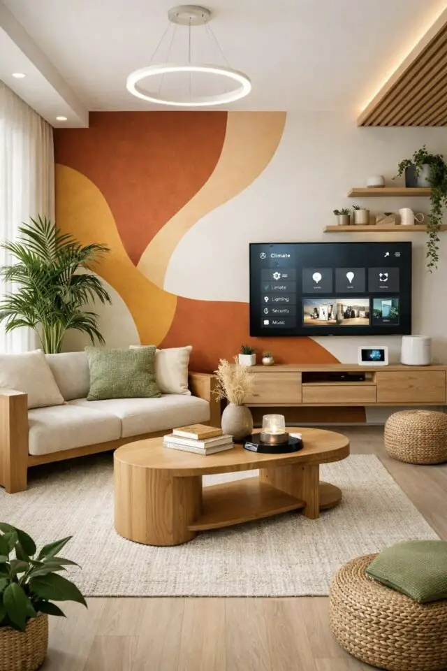 salon séjour moderne décoration mur télé idée papier peint original motif abstrait vague palette de couleur chaudes orange brulé beige rose blush meuble en bois canapé blanc plante verte lustre design rond 