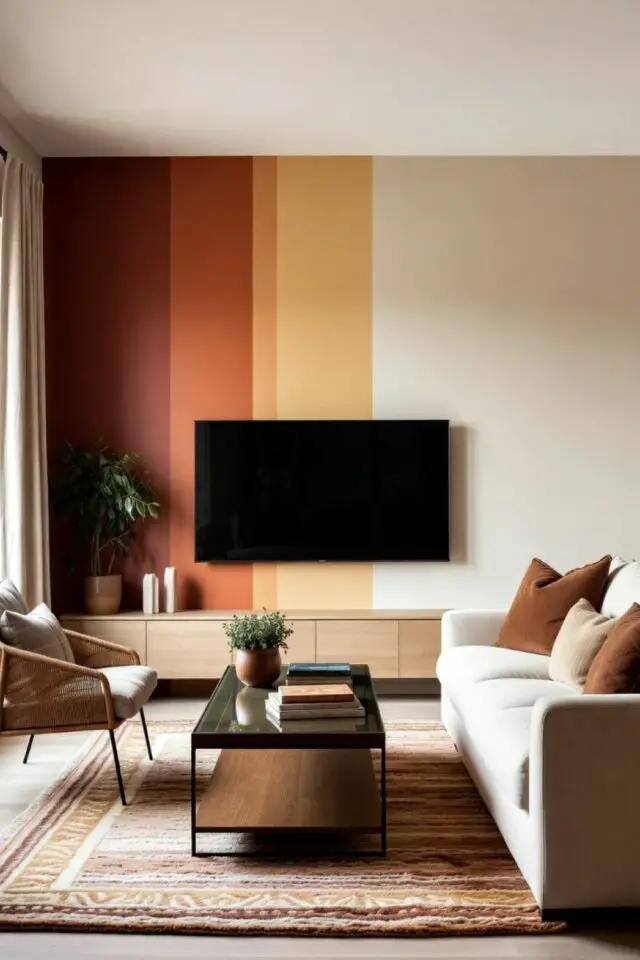 mur tv salon décoration peinture bandes colorées harmonie de couleurs chaudes jaune beurre orange brulée meuble en bois mural canapé beige table basse noire en métal 