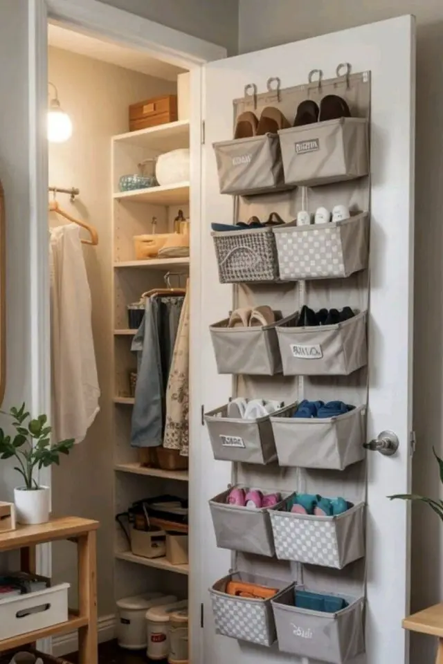 organiser entrée maison familiale placard optimisé meuble barre de penderie rangement tissu suspendu à la porte aménagement pas cher 
