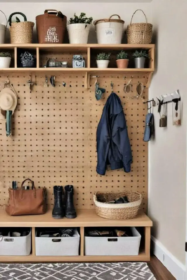 petite entrée familiale mudroom moderne pegboard étagères banc avec niches pour ranger panier idée pratique et modulable 