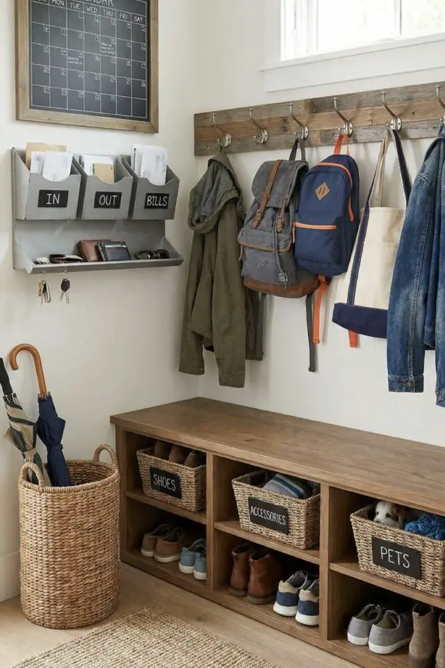 idée astuces organisation petite entrée intérieure maison familiale banc en bois avec rangement panier patères murales porte-manteau tableau rendez-vous et rangement courrier 