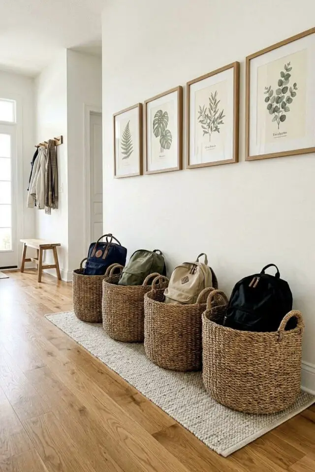 idée facile rangement entrée maison sac de classe ado panier en fibres naturelles petit tapis pour délimiter l'espace ambiance épurée et organisée