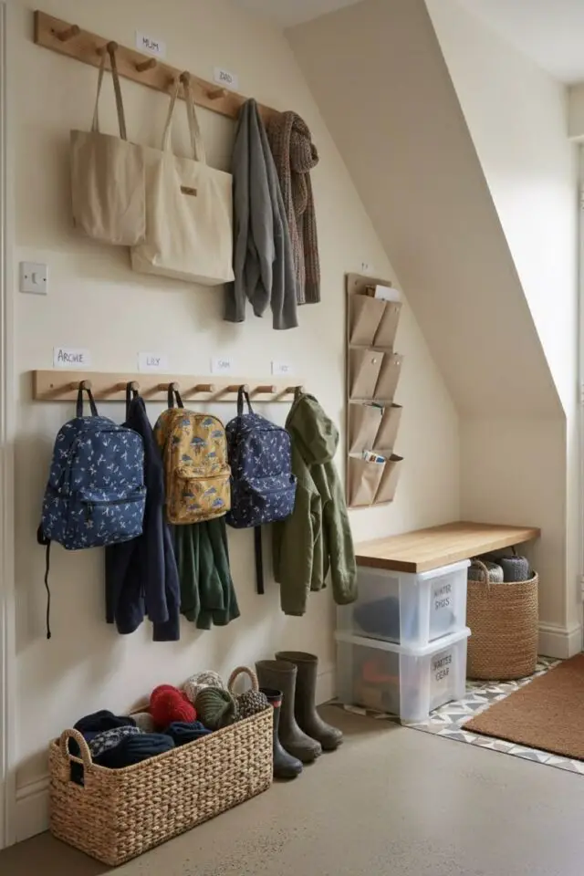 petite entrée pan de mur organisation affaire enfant sac d'écoles suspendu à des patères murale petit banc DIY avec boites CURVER rangement mur tissu pochettes 