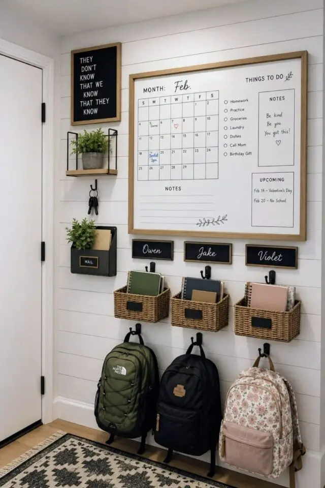 appartement familial entrée organisée centre de commande tableau blanc avec emploi du temps rendez-vous petits paniers pour chaque enfant patères murales pour suspendre les sacs et cartables d'école 