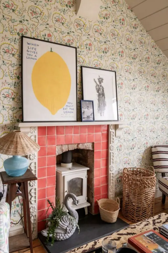 idée déco à faire soi-même carrelage relooking cheminée foyer transformation poêle à bois 