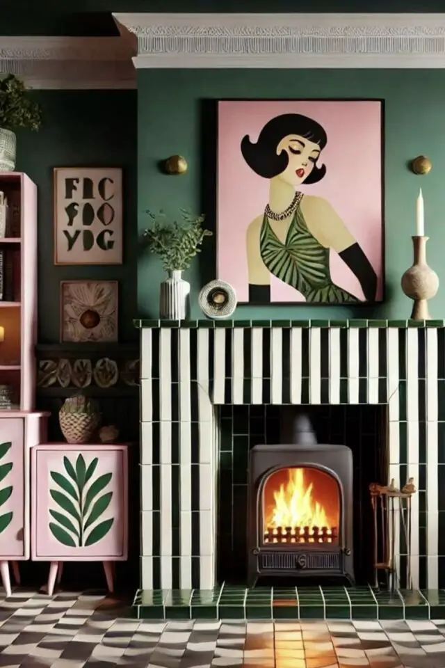 salon ambiance colorée chic inspiration Art Déco cheminée relookée carrelage métro deux couleurs vert et blanc rayures 