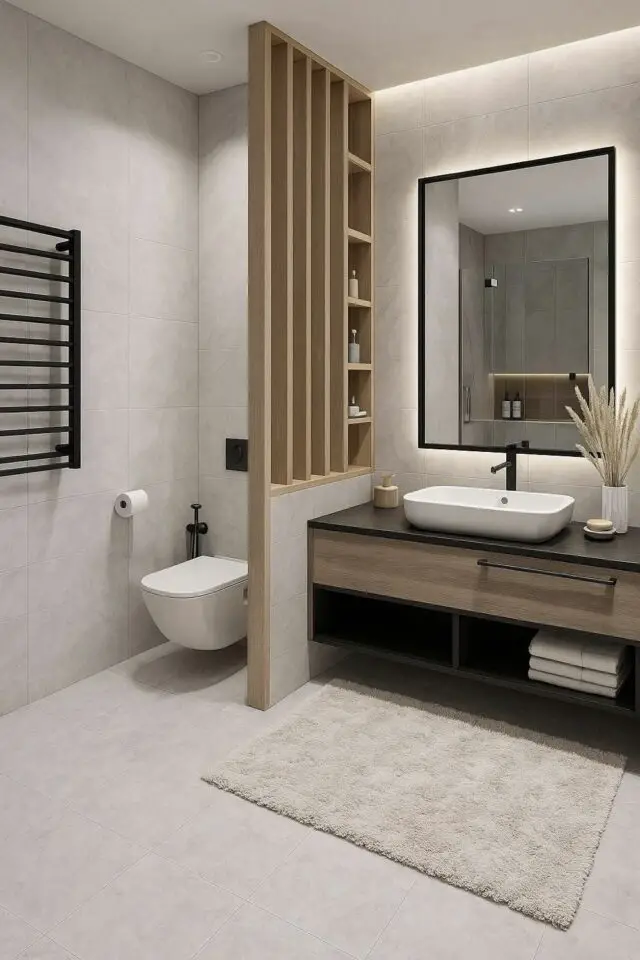 toilettes séparés de la salle de bain avec un muret et claustra bois solution moderne aménagement rénovation pièce d'eau toilettes séparés de la salle de bain avec un muret et claustra bois solution moderne aménagement rénovation pièce d'eau