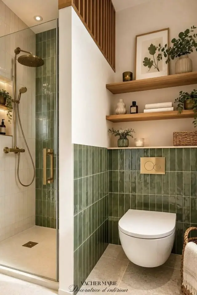petite salle de bain moderne carrelage vert douche et toilettes séparé par un muret haut surplombé d'un claustra bois décoration élégante et chic petite salle de bain moderne carrelage vert douche et toilettes séparé par un muret haut surplombé d'un claustra bois décoration élégante et chic