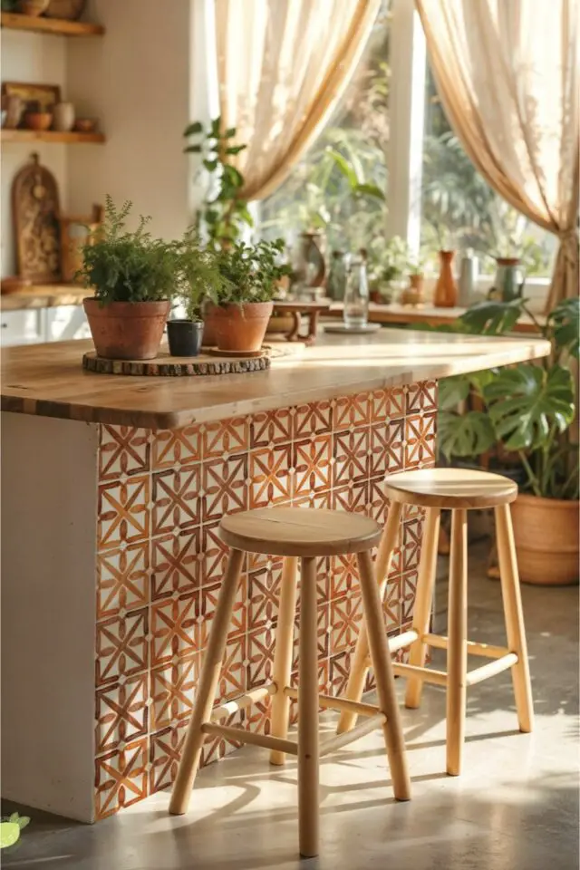 îlot central cuisine moderne et chaleureuse espace convivial plan de travail en bois côté carreaux de ciment coloré tabouret et plantes en pot en terre cuite 