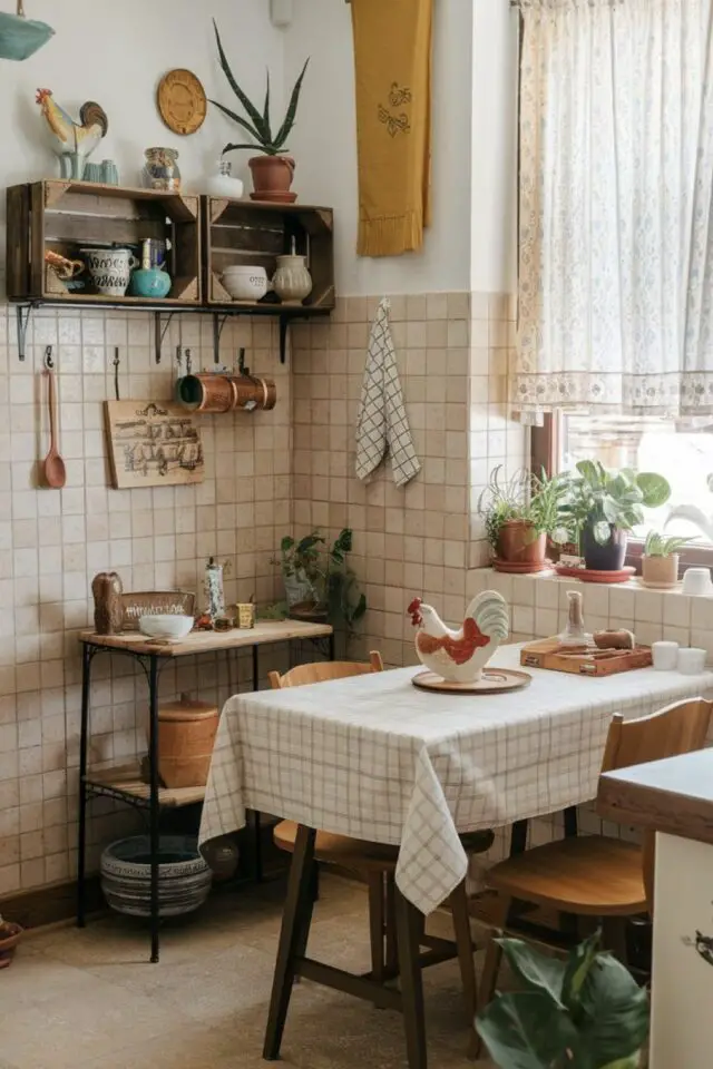 nouvelle ambiance dans la cuisine inspiration rustique chaleureuse petite table en bois avec nappe cagette de fruit accroché au mur chaises anciennes rideaux 