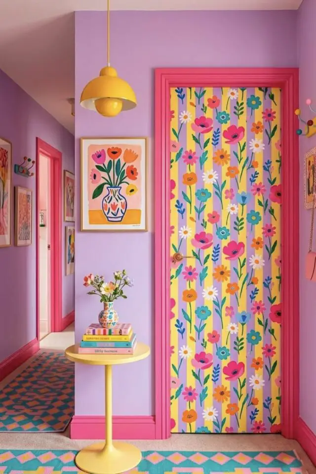 décoration intérieure originale et colorée mur parme encadrement de porte rose et papier peint rayé jaune lilas avec des fleurs décoration intérieure originale et colorée mur parme encadrement de porte rose et papier peint rayé jaune lilas avec des fleurs