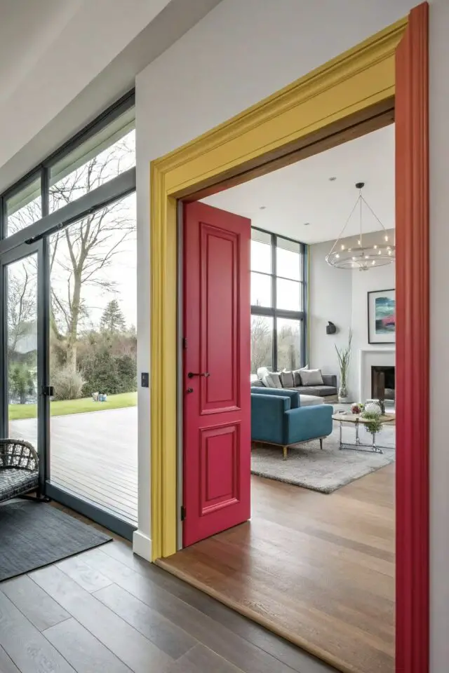 inspiration déco originale encadrement double porte intérieure peinture jaune orange et rouge contraste avec mur blanc et atmosphère minimaliste inspiration déco originale encadrement double porte intérieure peinture jaune orange et rouge contraste avec mur blanc et atmosphère minimaliste