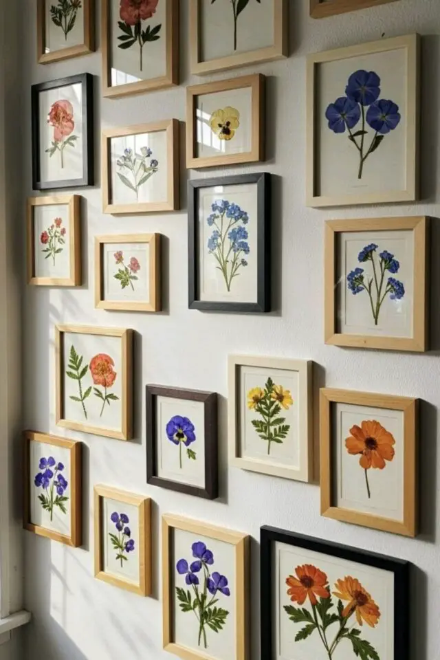 herbier décoration murale galerie de cadres avec fleurs pressées et séchées exemple bricolage déco pour adulte herbier décoration murale galerie de cadres avec fleurs pressées et séchées exemple bricolage déco pour adulte
