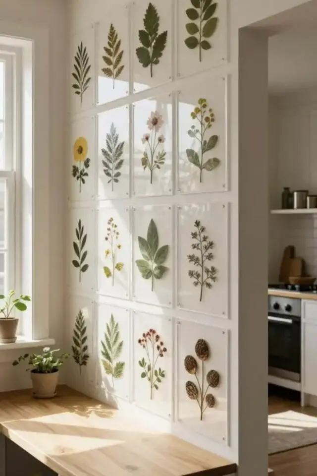 galerie murale herbier plantes pressées et séchées fait main idée décoration pièce de vie bureau galerie murale herbier plantes pressées et séchées fait main idée décoration pièce de vie bureau