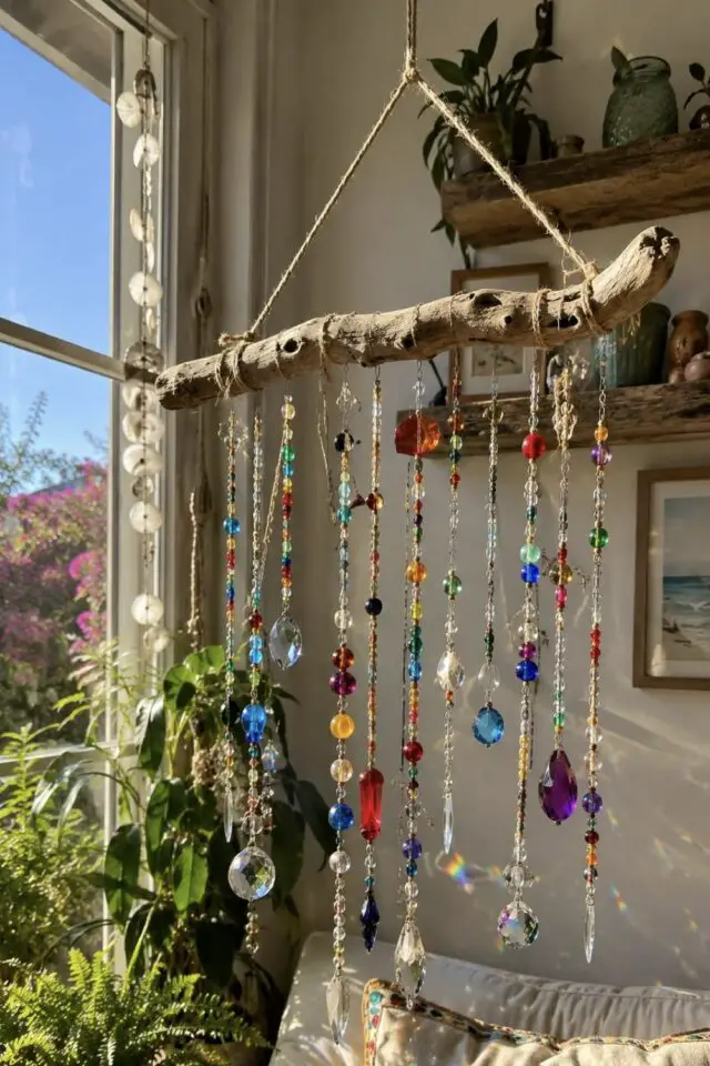 décoration créative DIY suncatcher avec des perles colorées et une branche de bois flotté 