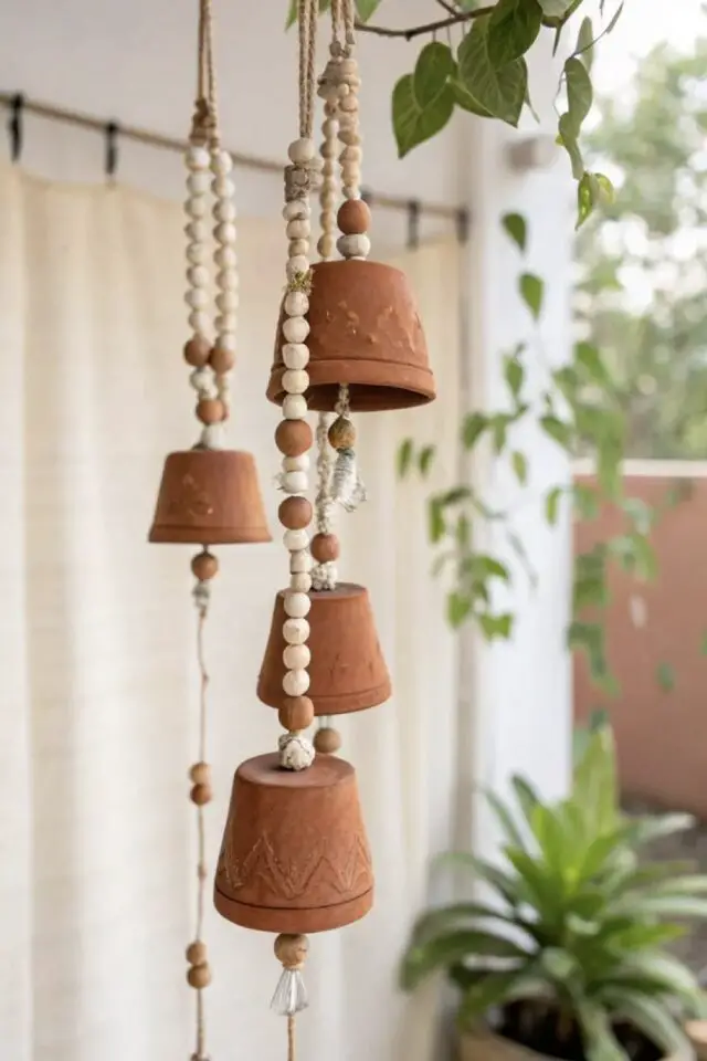 idée déco bohème à faire soi-même carillon perles de bois et petits pots en terre-cuite loisirs créatifs adulte 