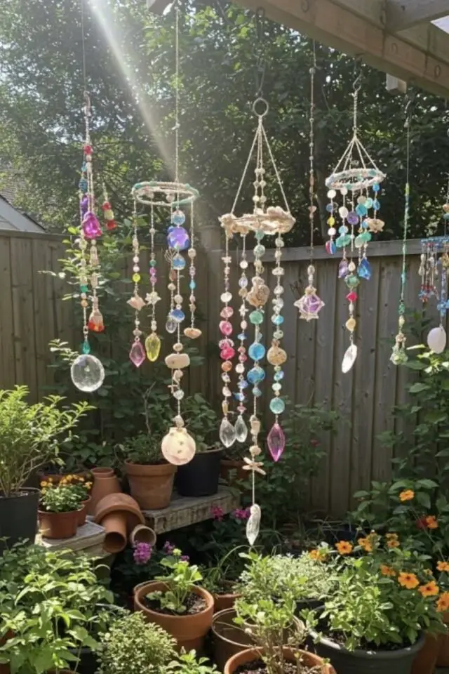 déco extérieure à base de perles carillon potager éloigner les oiseaux bricolage créatif 