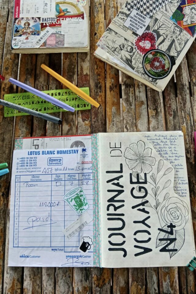 page de garde journal de voyage numéro 4 dessin fleurs noir et blanc au feutre page découpée reçu de guesthouse page de garde journal de voyage numéro 4 dessin fleurs noir et blanc au feutre page découpée reçu de guesthouse