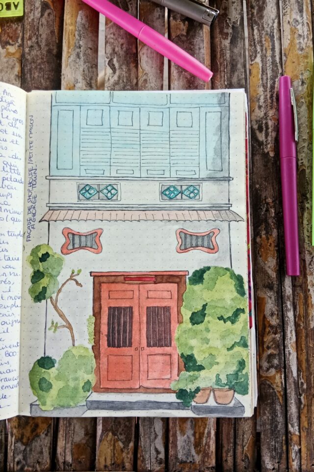 carnet de voyage Malaisie façade de maison Penang George Town shophouse traditionnelle aquarelle carnet de voyage Malaisie façade de maison Penang George Town shophouse traditionnelle aquarelle