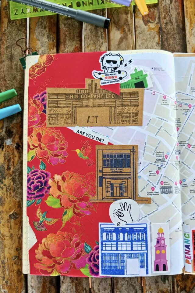 collage créatif journal de voyage loisir créatif Malaisie Penang carte de la ville tampons façade de magasin collage créatif journal de voyage loisir créatif Malaisie Penang carte de la ville tampons façade de magasin