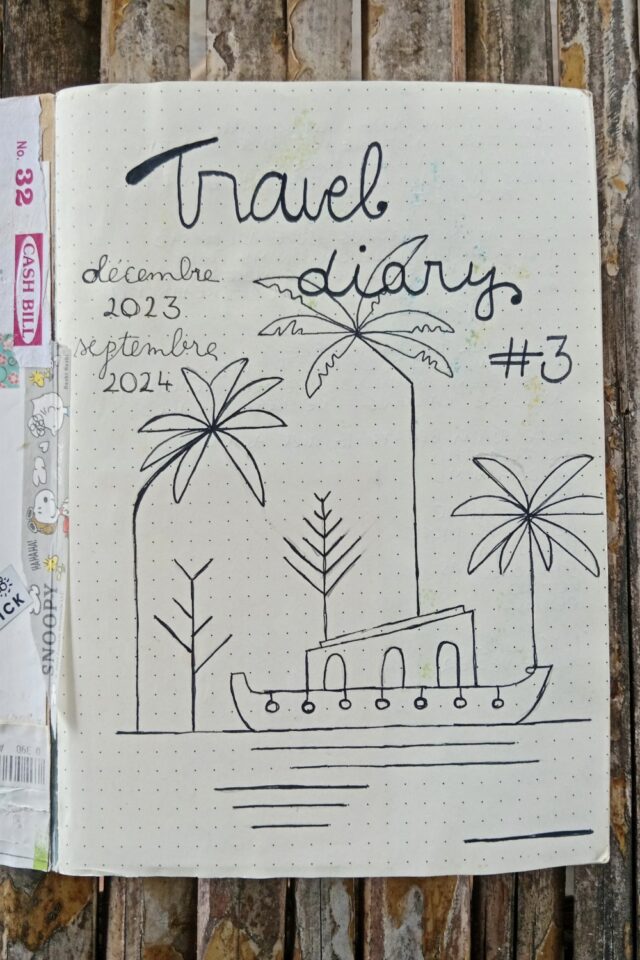 journal de voyage numéro 3 illustration page de garde dessin en noir et blanc paysage bateau journal de voyage numéro 3 illustration page de garde dessin en noir et blanc paysage bateau