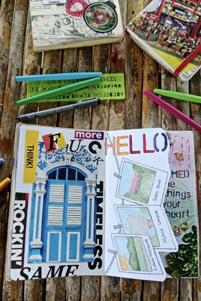 journal de voyage numéro 5 page de garde collage et aquarelle journal de voyage numéro 5 page de garde collage et aquarelle