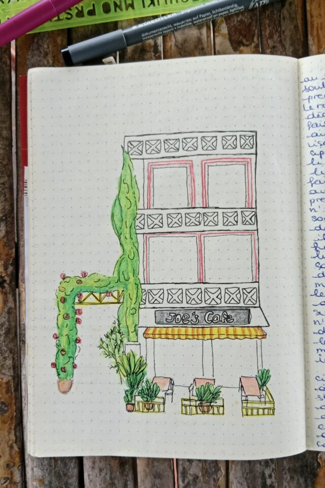 illustration carnet de voyage n°2 façade de guesthouse en Inde Mahabalipuram illustration carnet de voyage n°2 façade de guesthouse en Inde Mahabalipuram