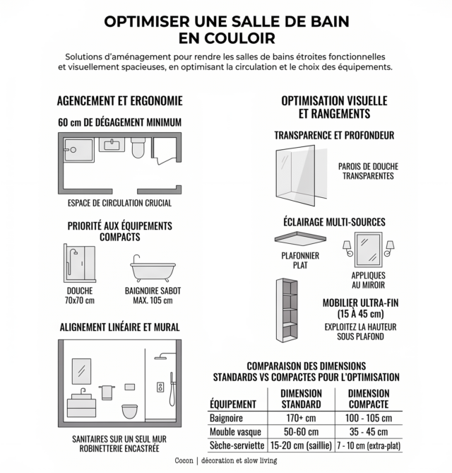 infographie conseils aménagement petite salle de bain en couloir espace de passage choix du mobilier disposition des équipements sanitaire éclairage infographie conseils aménagement petite salle de bain en couloir espace de passage choix du mobilier disposition des équipements sanitaire éclairage