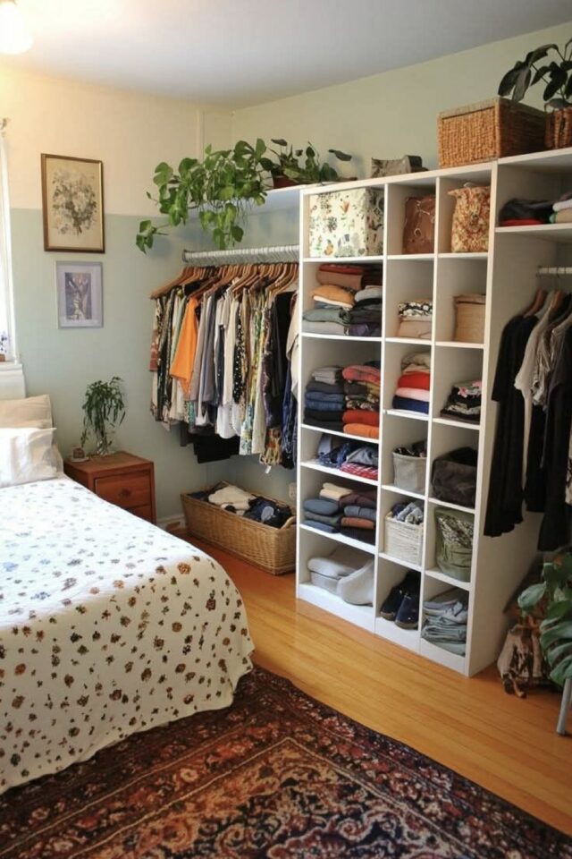 rangement organisé chambre adulte dressing en linéaire sur un pan de mur deux espaces penderie et meuble étagères au milieu rangement organisé chambre adulte dressing en linéaire sur un pan de mur deux espaces penderie et meuble étagères au milieu