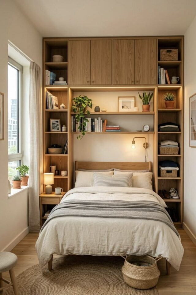 toute petite chambre adulte pont de lit en bois étagère et caisson avec portes aménagement sur mesure toute petite chambre adulte pont de lit en bois étagère et caisson avec portes aménagement sur mesure