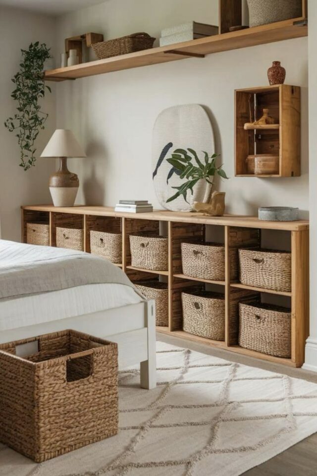 solution de rangement organisation meuble en bois à casier avec panier tressés idée pas cher chambre à coucher solution de rangement organisation meuble en bois à casier avec panier tressés idée pas cher chambre à coucher