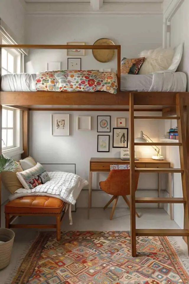 petite chambre d'ado lit en mezzanine en bois avec dessous coin bureau et canapé banquette optimisation d'espace et gain de place petite chambre d'ado lit en mezzanine en bois avec dessous coin bureau et canapé banquette optimisation d'espace et gain de place