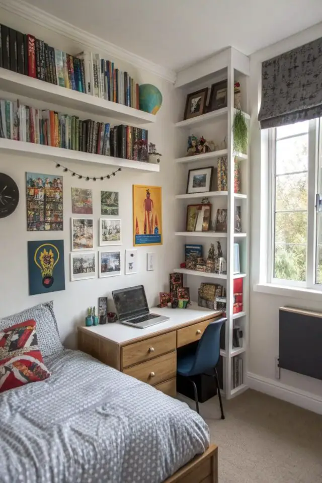petite chambre d'adolescent avec bureau meuble étagère jusqu'au plafond sur un pan de mur étagères murales au dessus du lit déco posters et affiches collés au mur petite chambre d'adolescent avec bureau meuble étagère jusqu'au plafond sur un pan de mur étagères murales au dessus du lit déco posters et affiches collés au mur