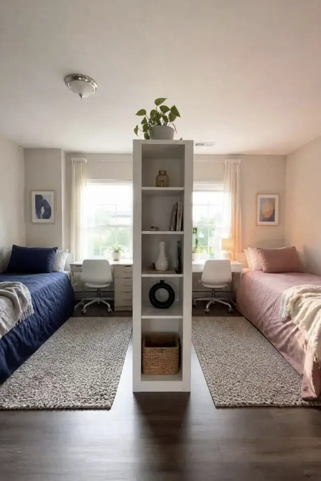 petite chambre d'adolescents double avec meuble de séparation au milieu pour diviser l'espace et que chaque enfant ait sa chambre symétrie tapis lit et bureau couleur différente linge de lit petite chambre d'adolescents double avec meuble de séparation au milieu pour diviser l'espace et que chaque enfant ait sa chambre symétrie tapis lit et bureau couleur différente linge de lit