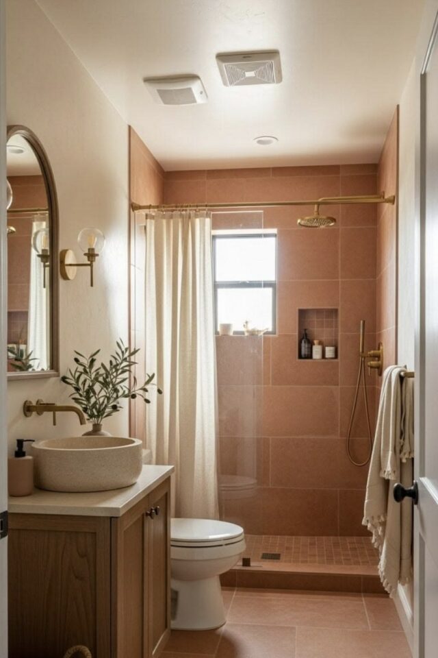 salle de bain étroite 4m2 avec douche italienne petite fenêtre meuble vasque et toilettes couleur chaleureuse salle de bain étroite 4m2 avec douche italienne petite fenêtre meuble vasque et toilettes couleur chaleureuse