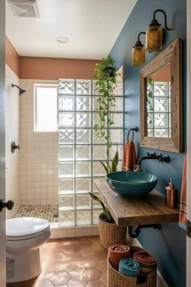 couleur petite salle de bain étroite et moderne peinture mur bleu et terracotta combinaison couleurs paroi de douche en pavé de verre couleur petite salle de bain étroite et moderne peinture mur bleu et terracotta combinaison couleurs paroi de douche en pavé de verre