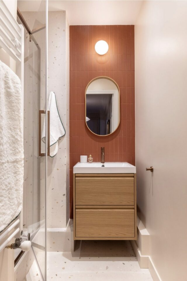 salle de bain en longueur étroite et moderne mur accent coloré sans fenêtre mur blanc éclairage mural salle de bain en longueur étroite et moderne mur accent coloré sans fenêtre mur blanc éclairage mural