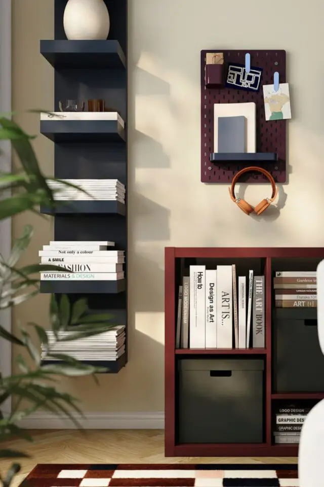 rangement organisation espace de travail à domicile bureau pegboard panneau perforé IKEA coloré déco murale 