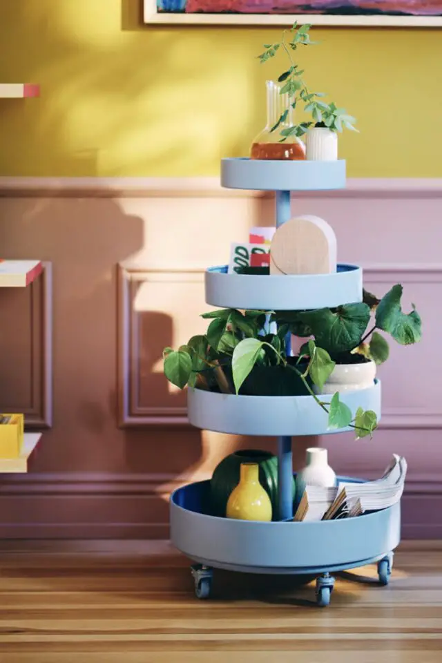 organisation bureau petit élément de rangement pratique desserte ronde multi-niveaux tournante pivotante bleue 