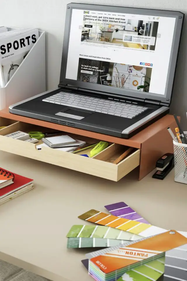 accessoire de bureau IKEA organisation espace de travail pas cher rehausseur d'écran d'ordinateur avec tiroir 