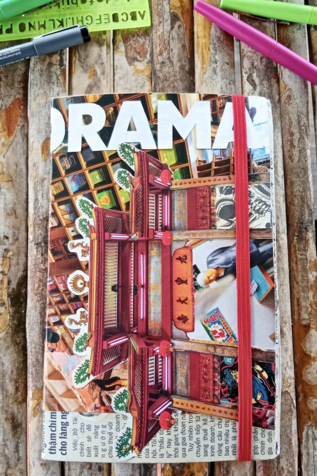 collage créatif couverture de journal de voyage temple asiatique morceau de journal local collage créatif couverture de journal de voyage temple asiatique morceau de journal local