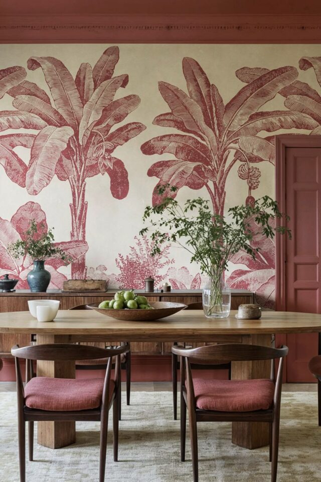 papier peint panoramique style whimsical tropical rose plafond peint salle à manger 