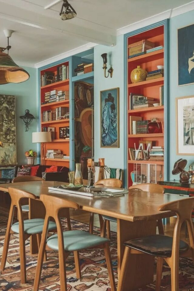 salle à manger mur peinture vert pastel et bibliothèque orange ambiance whimsical 
